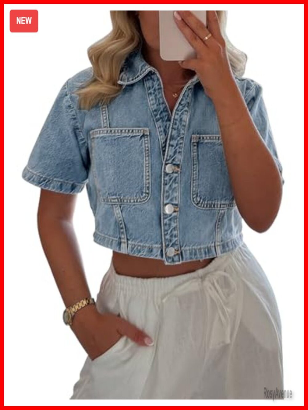 Cropped Denim Jacket Women Short Sleeve Button Down Jean Shirt - Cotton Blend